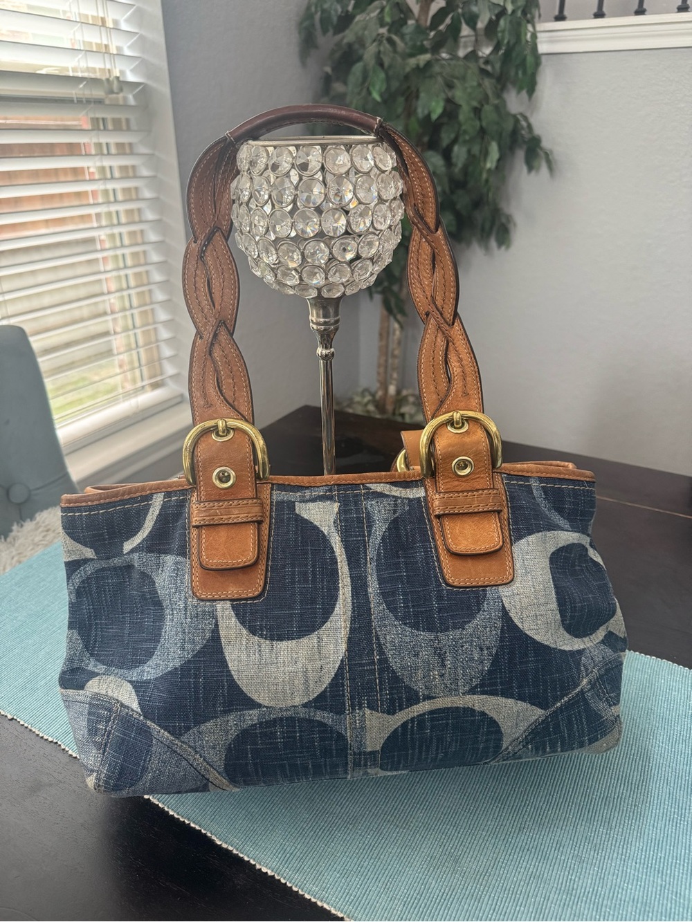 COACH Denim Signature Y2K Shoulder Bag Blue Brown Leather Trim Vintage 12195
